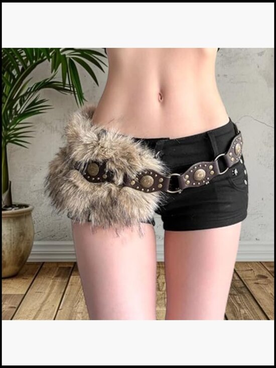 Y2K Faux Fur Studded Punk Belt Gothic Rivet Waist Belt for Dresses Pants